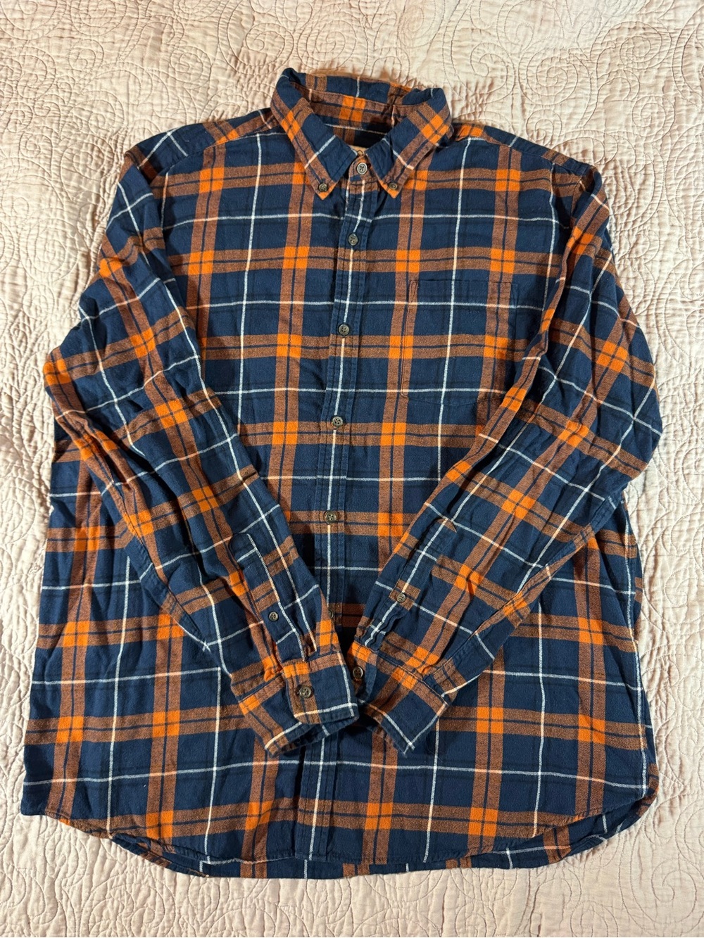 St. John's Bay Navy and Orange Plaid Button-Down Shirt